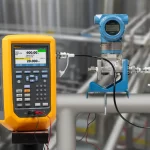 Industrial field test setup: a yellow handheld digital instrument connected to a blue pressure transmitter on a pipe system.