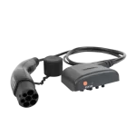 Electric vehicle charging cable with a multi-pin circular connector and a small control box labeled EVX100 on a dark background.