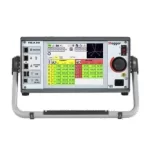 Portable Megger electrical test instrument with a color-coded on-screen table and a large control knob on the right, mounted on a U-shaped stand.