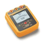 Yellow handheld insulation tester (megger) with digital display and orange/black keypad for electrical insulation measurements.