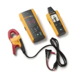 Fluke electrical testing kit with a clamp meter, two handheld meters, and red/black test leads connected together in yellow cases and black ends.