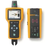 Pair of yellow Fluke diagnostic tools: a handheld receiver with screen and keypad on the left, and a wireless transmitter module on the right.