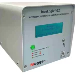 InsuLogix G2 device for acetylene, hydrogen, and moisture monitoring with a blue display and green status light (Megger).