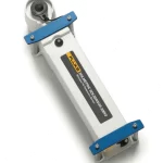 White handheld suspension device with blue end clamps and a black/yellow label, photographed from an angle.