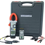 Clamp meter kit for solar PV testing: orange clamp meter connected to test leads beside a black carrying case labeled SOLAR/PV CLAMP (Megger).