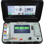 Portable Megger TAU3 insulation tester in an open rugged case with a touchscreen display and control panel ready for use.