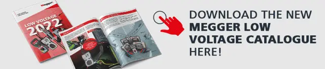 Promotional banner promoting the Megger Low Voltage Catalogue with fanned magazines and a “Download the new Megger Low Voltage Catalogue here” call to action.