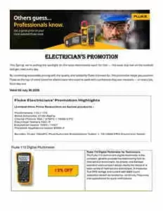 Promotional flyer for electricians with a technician image, header 'Electrician's Promotion', and a 15% off offer beside a handheld meter device.