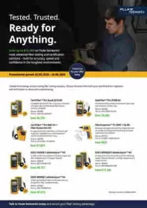 Advertisement flyer for 'Ready for Anything' showing a man using equipment with a grid of product cards beneath.